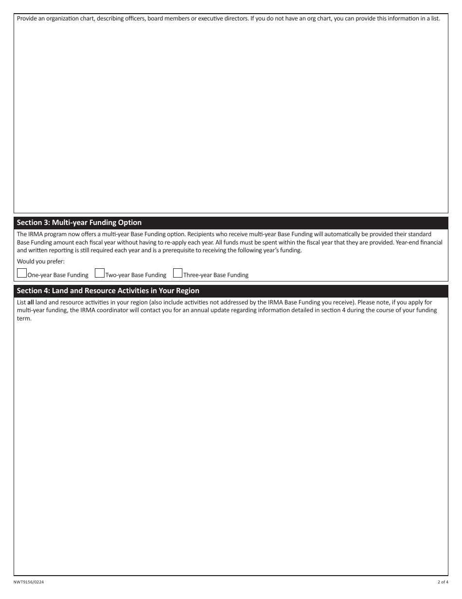 Form NWT9156 Application for Base Funding - Interim Resource Management Assistance (Irma) Program - Northwest Territories, Canada, Page 2