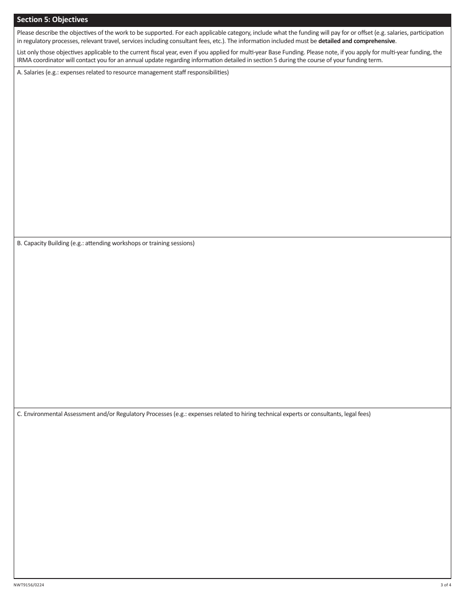 Form NWT9156 Application for Base Funding - Interim Resource Management Assistance (Irma) Program - Northwest Territories, Canada, Page 3