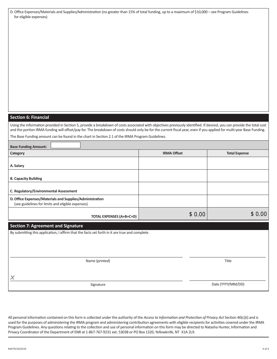 Form NWT9156 Application for Base Funding - Interim Resource Management Assistance (Irma) Program - Northwest Territories, Canada, Page 4