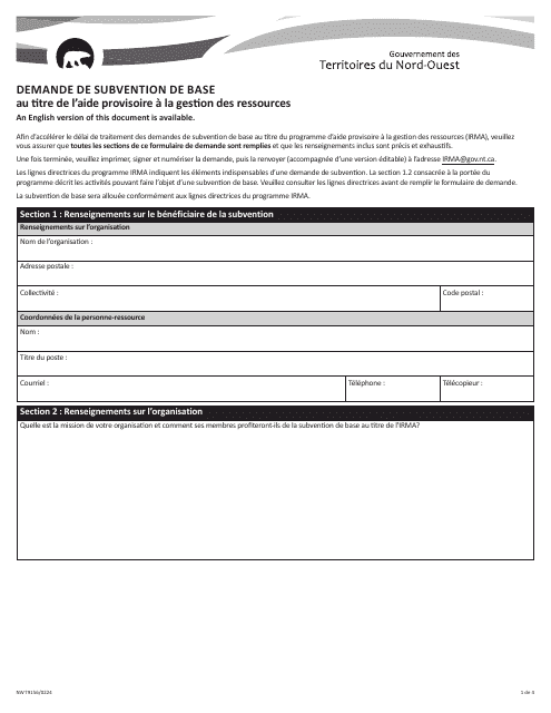 Forme NWT9156 Demande De Subvention De Base Au Titre De L'aide Provisoire a La Gestion DES Ressources - Northwest Territories, Canada (French)