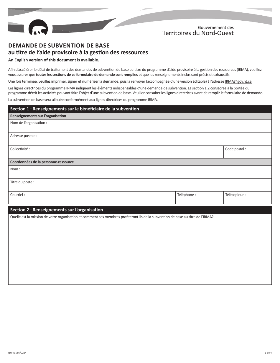 Forme NWT9156 Demande De Subvention De Base Au Titre De Laide Provisoire a La Gestion DES Ressources - Northwest Territories, Canada (French), Page 1