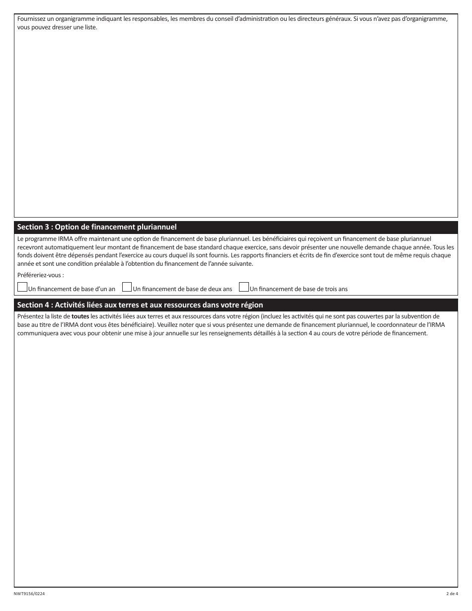 Forme NWT9156 Demande De Subvention De Base Au Titre De Laide Provisoire a La Gestion DES Ressources - Northwest Territories, Canada (French), Page 2