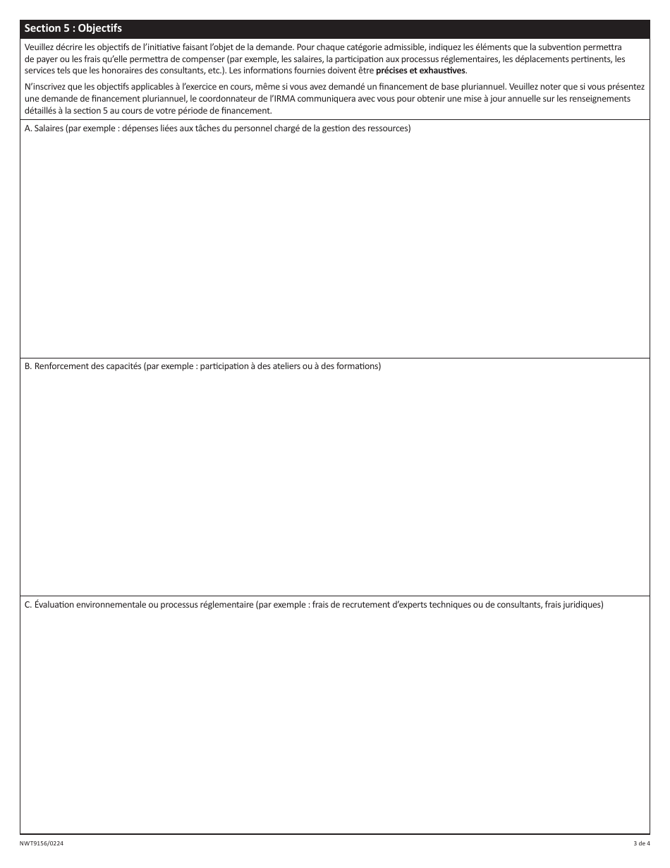 Forme NWT9156 Demande De Subvention De Base Au Titre De Laide Provisoire a La Gestion DES Ressources - Northwest Territories, Canada (French), Page 3