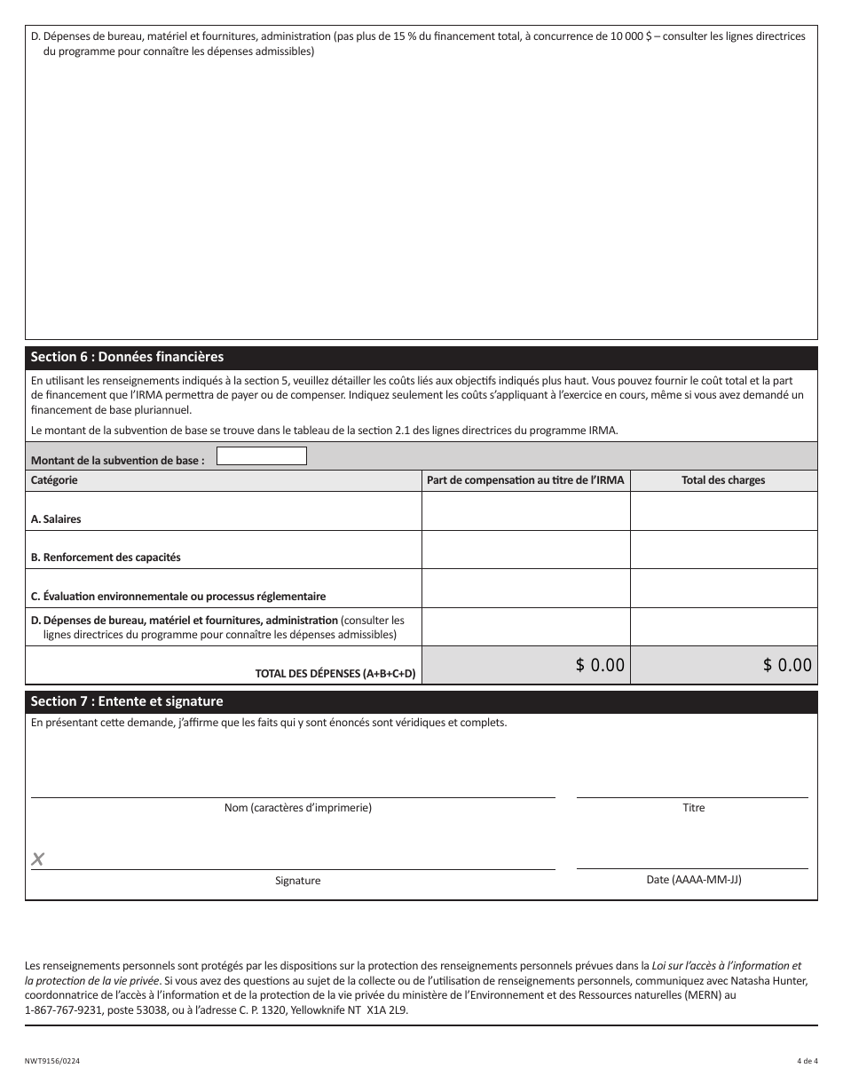 Forme NWT9156 Demande De Subvention De Base Au Titre De Laide Provisoire a La Gestion DES Ressources - Northwest Territories, Canada (French), Page 4