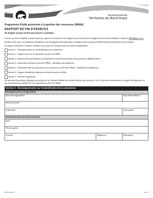 Forme NWT9154 Rapport De Fin D'exercice - Programme D'aide Provisoire a La Gestion DES Ressources (Irma) - Northwest Territories, Canada (French)