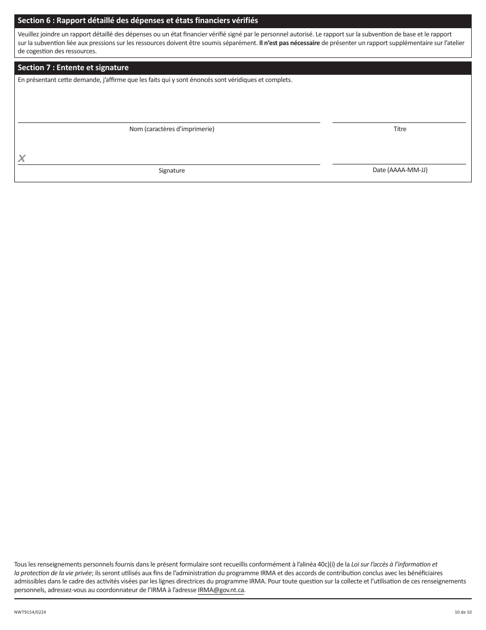 Forme NWT9154 Rapport De Fin Dexercice - Programme Daide Provisoire a La Gestion DES Ressources (Irma) - Northwest Territories, Canada (French), Page 10