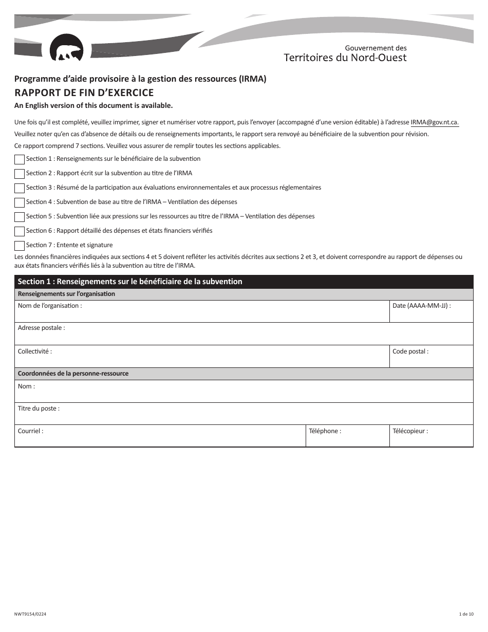 Forme NWT9154 Rapport De Fin Dexercice - Programme Daide Provisoire a La Gestion DES Ressources (Irma) - Northwest Territories, Canada (French), Page 1