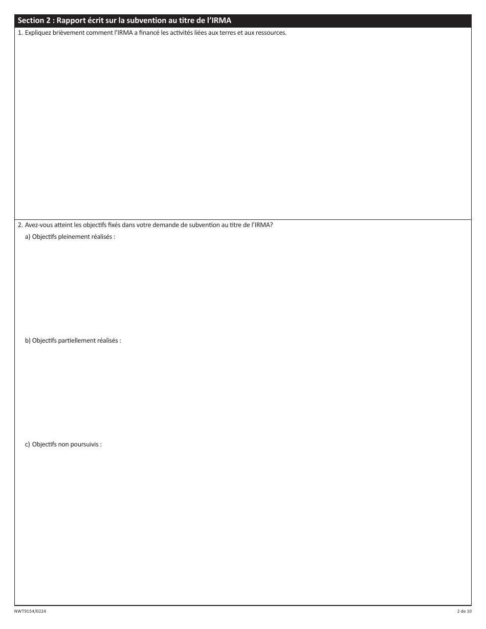 Forme NWT9154 Rapport De Fin Dexercice - Programme Daide Provisoire a La Gestion DES Ressources (Irma) - Northwest Territories, Canada (French), Page 2