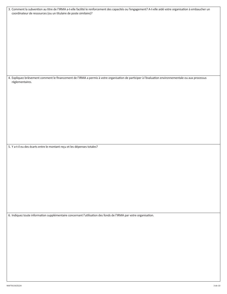 Forme NWT9154 Rapport De Fin Dexercice - Programme Daide Provisoire a La Gestion DES Ressources (Irma) - Northwest Territories, Canada (French), Page 3