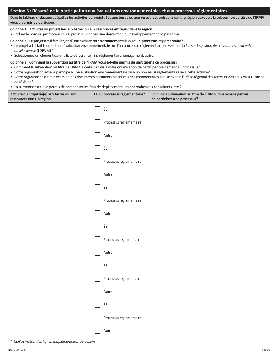 Forme NWT9154 Rapport De Fin Dexercice - Programme Daide Provisoire a La Gestion DES Ressources (Irma) - Northwest Territories, Canada (French), Page 4