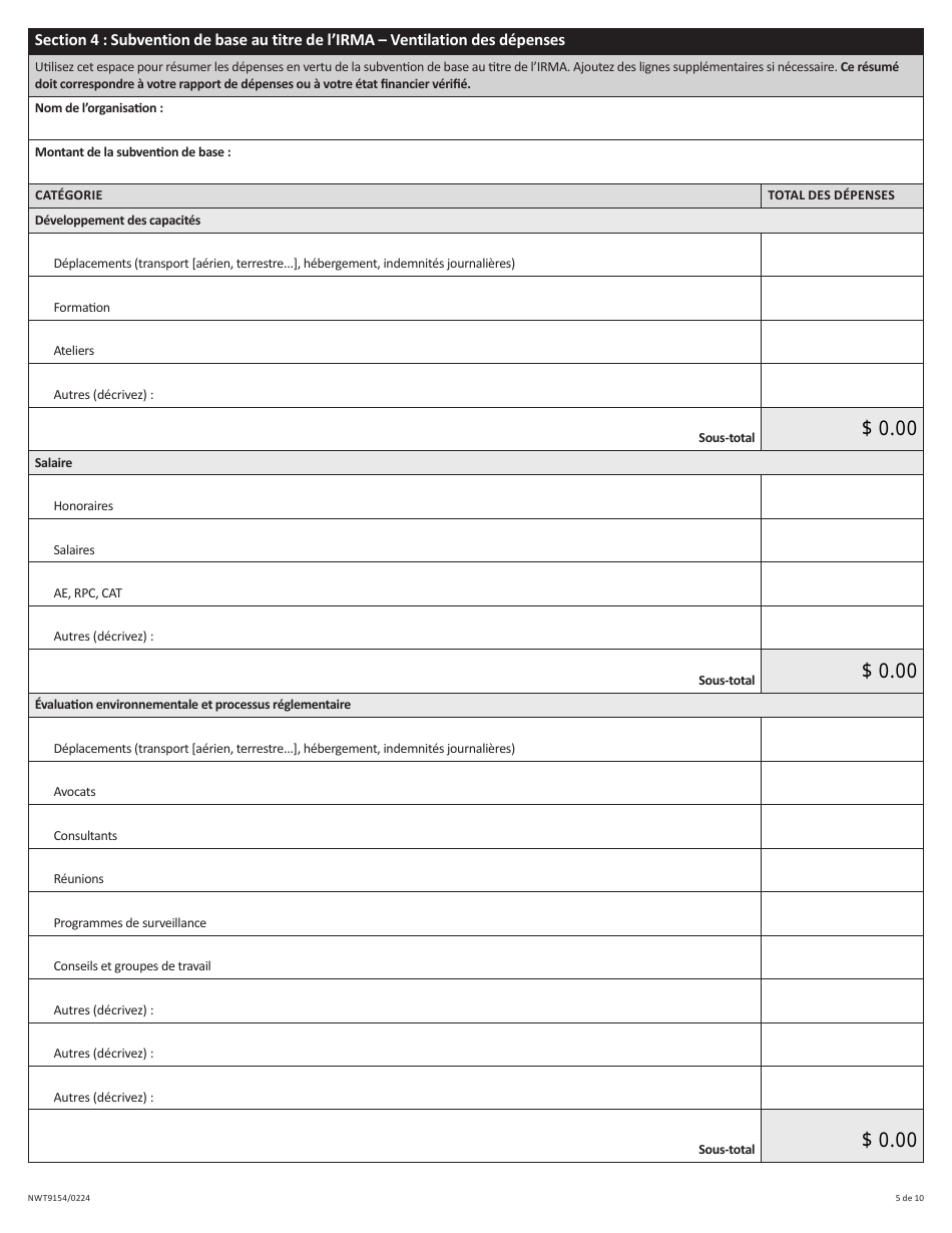 Forme NWT9154 Rapport De Fin Dexercice - Programme Daide Provisoire a La Gestion DES Ressources (Irma) - Northwest Territories, Canada (French), Page 5