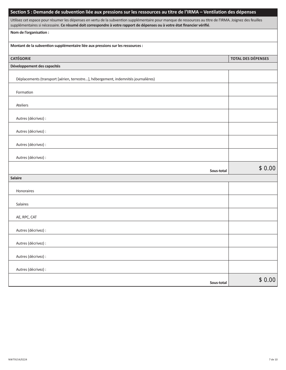 Forme NWT9154 Rapport De Fin Dexercice - Programme Daide Provisoire a La Gestion DES Ressources (Irma) - Northwest Territories, Canada (French), Page 7