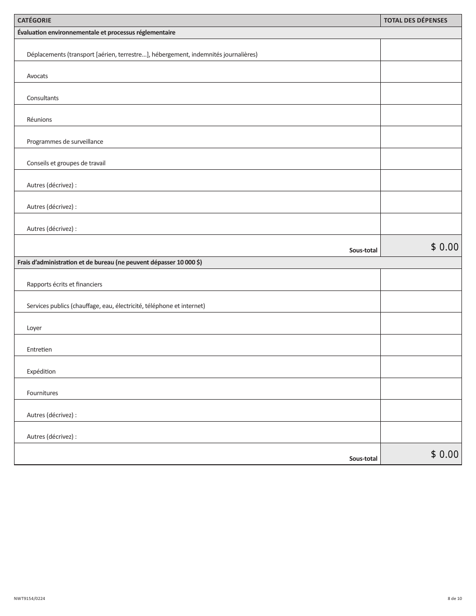 Forme NWT9154 Rapport De Fin Dexercice - Programme Daide Provisoire a La Gestion DES Ressources (Irma) - Northwest Territories, Canada (French), Page 8