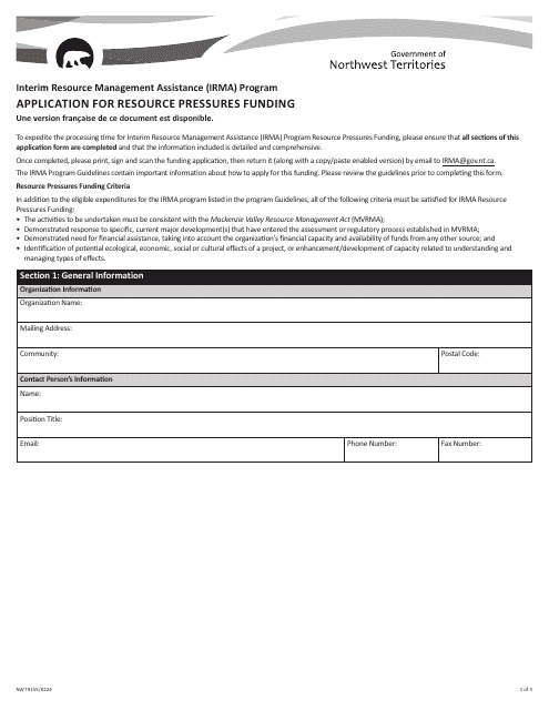 Form NWT9155 Application for Resource Pressures Funding - Interim Resource Management Assistance (Irma) Program - Northwest Territories, Canada