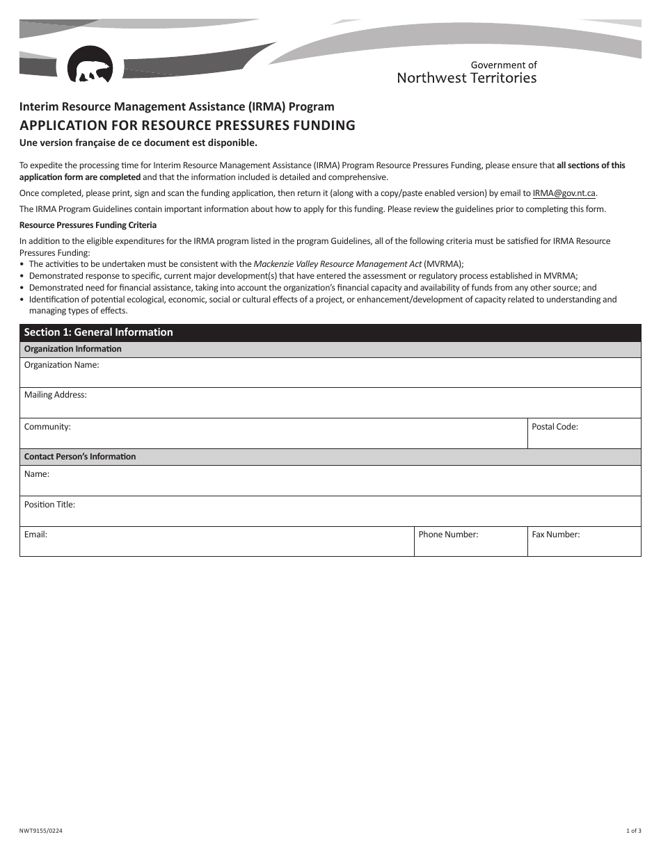 Form NWT9155 Application for Resource Pressures Funding - Interim Resource Management Assistance (Irma) Program - Northwest Territories, Canada, Page 1