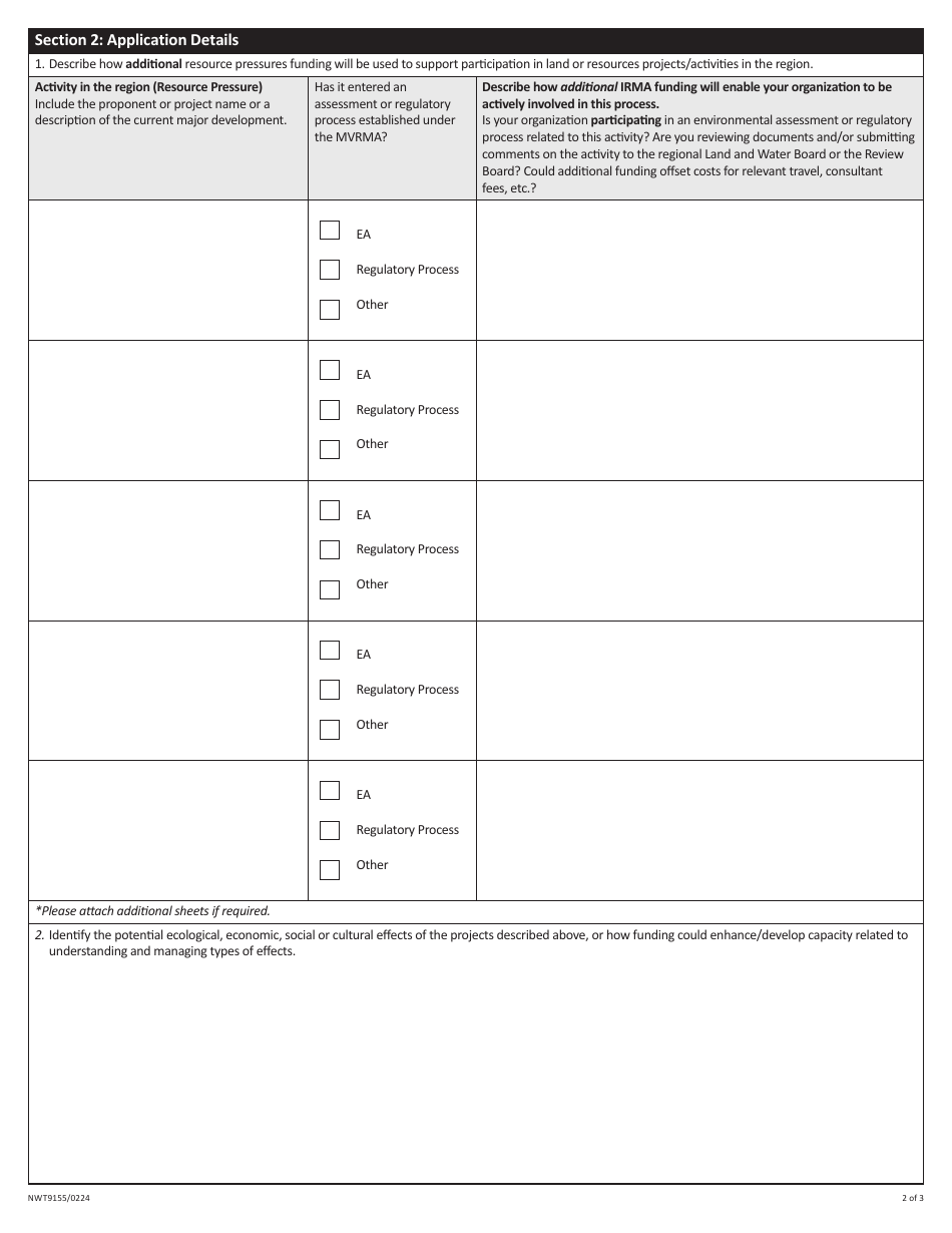 Form NWT9155 Application for Resource Pressures Funding - Interim Resource Management Assistance (Irma) Program - Northwest Territories, Canada, Page 2