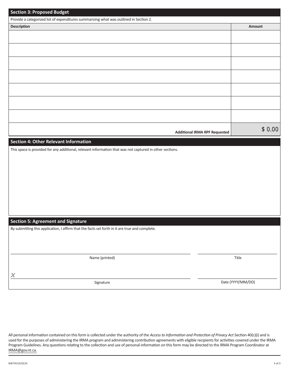 Form NWT9155 Application for Resource Pressures Funding - Interim Resource Management Assistance (Irma) Program - Northwest Territories, Canada, Page 3