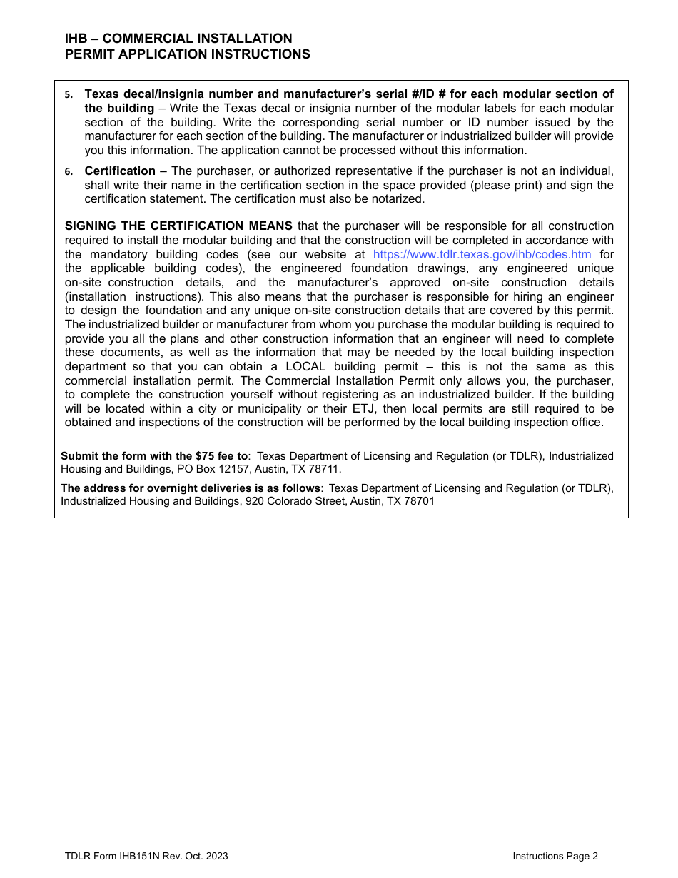 TDLR Form IHB151N Ihb - Commercial Installation Permit Application - Texas, Page 2