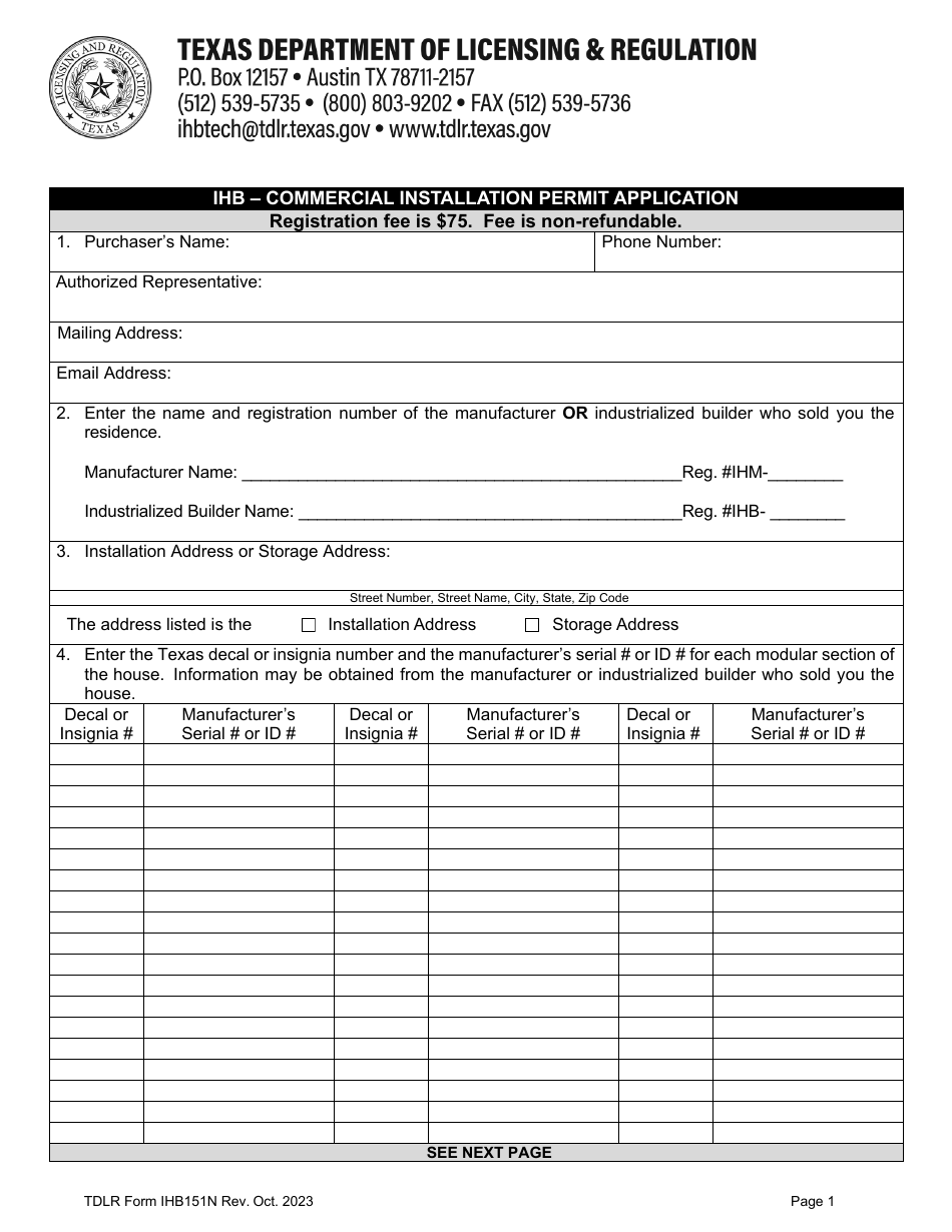 TDLR Form IHB151N Ihb - Commercial Installation Permit Application - Texas, Page 3