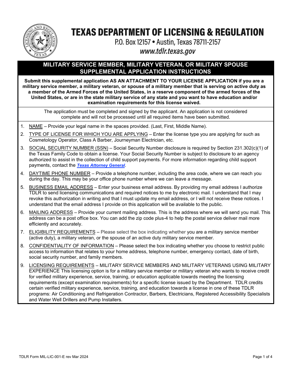 TDLR Form MIL-LIC-001-E Military Service Member, Military Veteran, or Military Spouse Supplemental Application - Texas, Page 1