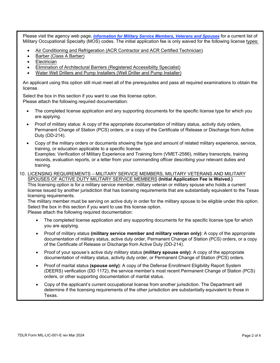 TDLR Form MIL-LIC-001-E Military Service Member, Military Veteran, or Military Spouse Supplemental Application - Texas, Page 2