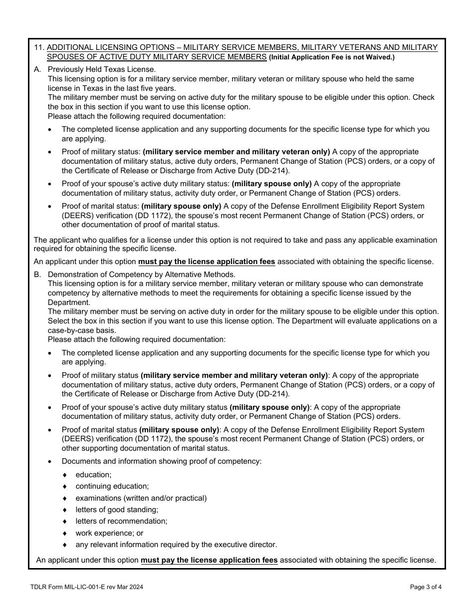 TDLR Form MIL-LIC-001-E Military Service Member, Military Veteran, or Military Spouse Supplemental Application - Texas, Page 3