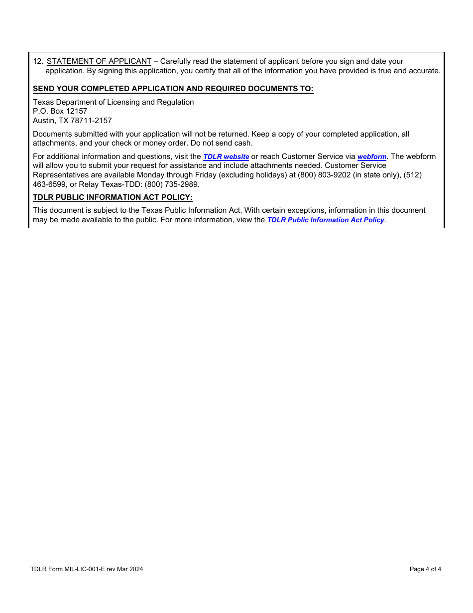 TDLR Form MIL-LIC-001-E Military Service Member, Military Veteran, or Military Spouse Supplemental Application - Texas, Page 4