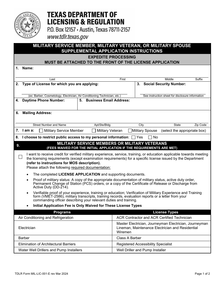 TDLR Form MIL-LIC-001-E Military Service Member, Military Veteran, or Military Spouse Supplemental Application - Texas, Page 5