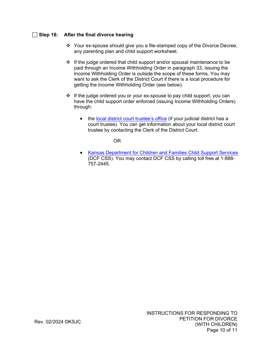 Instructions for Responding to a Petition for Divorce - With Children - Kansas, Page 10