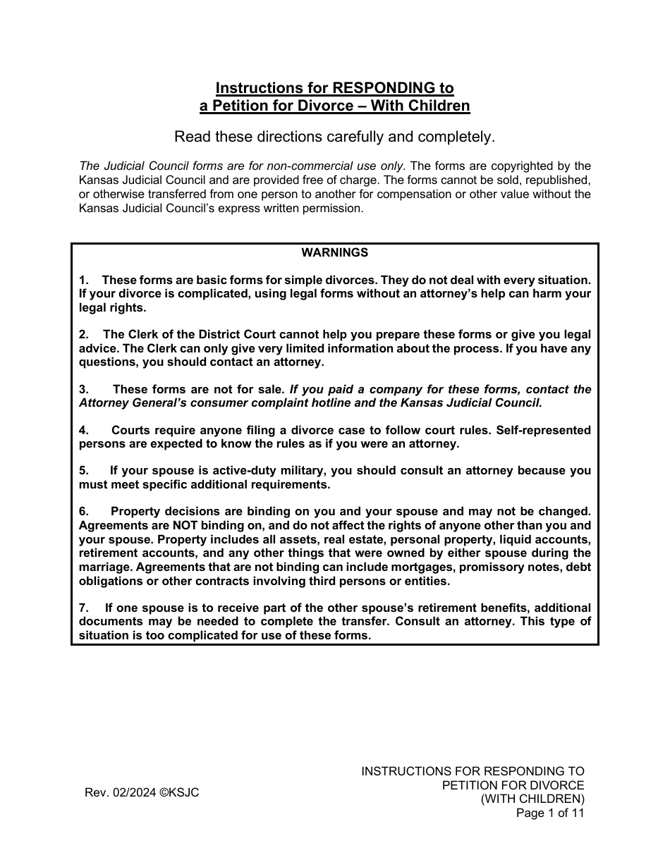 Instructions for Responding to a Petition for Divorce - With Children - Kansas, Page 1