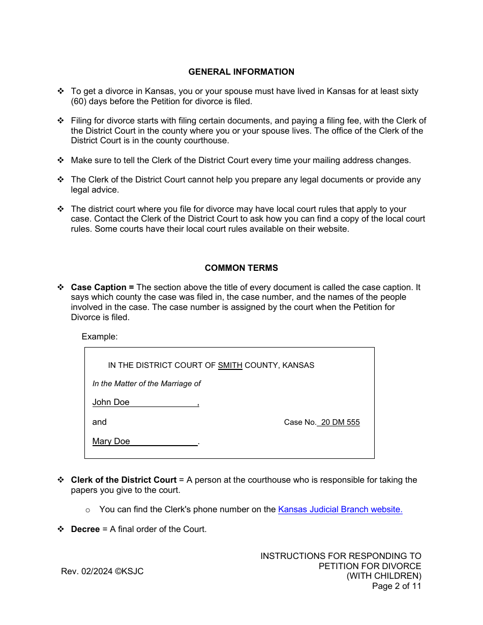 Instructions for Responding to a Petition for Divorce - With Children - Kansas, Page 2