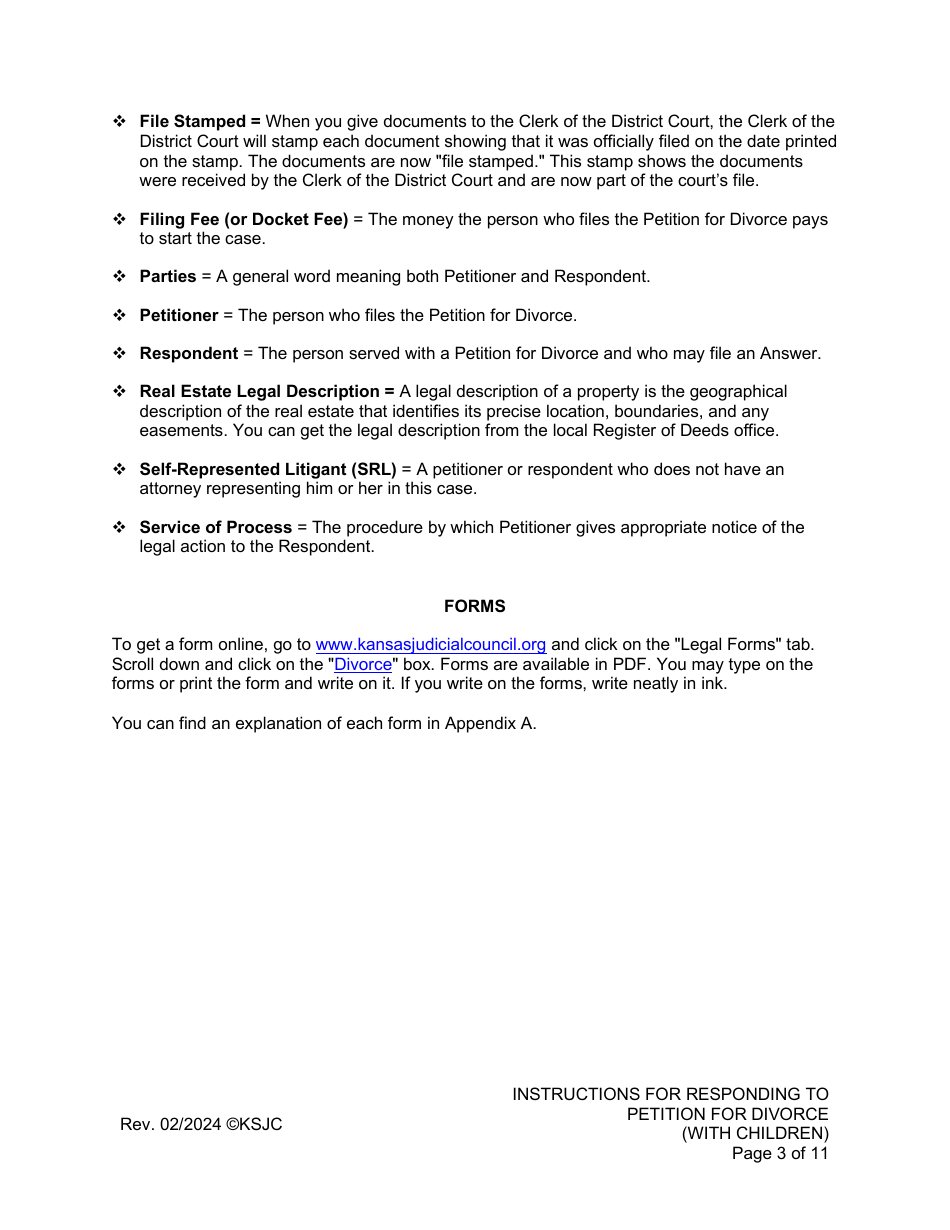Instructions for Responding to a Petition for Divorce - With Children - Kansas, Page 3