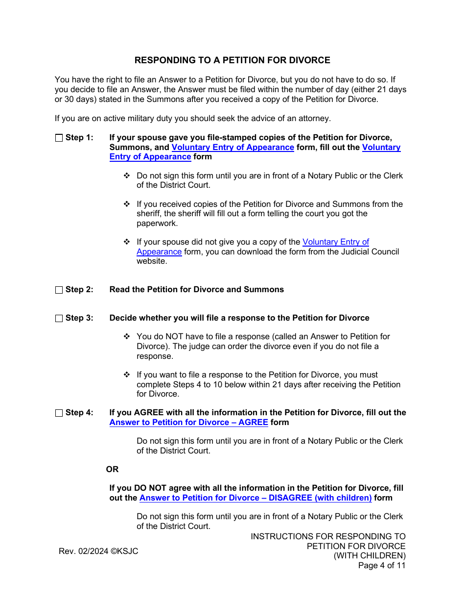 Instructions for Responding to a Petition for Divorce - With Children - Kansas, Page 4
