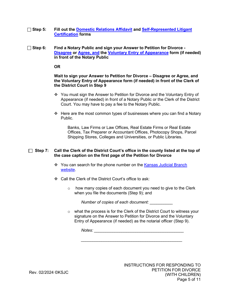 Instructions for Responding to a Petition for Divorce - With Children - Kansas, Page 5