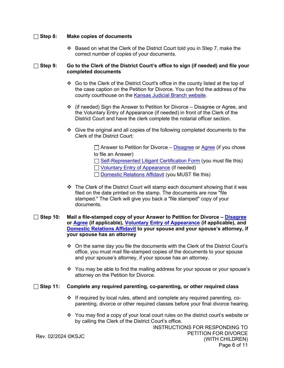 Instructions for Responding to a Petition for Divorce - With Children - Kansas, Page 6