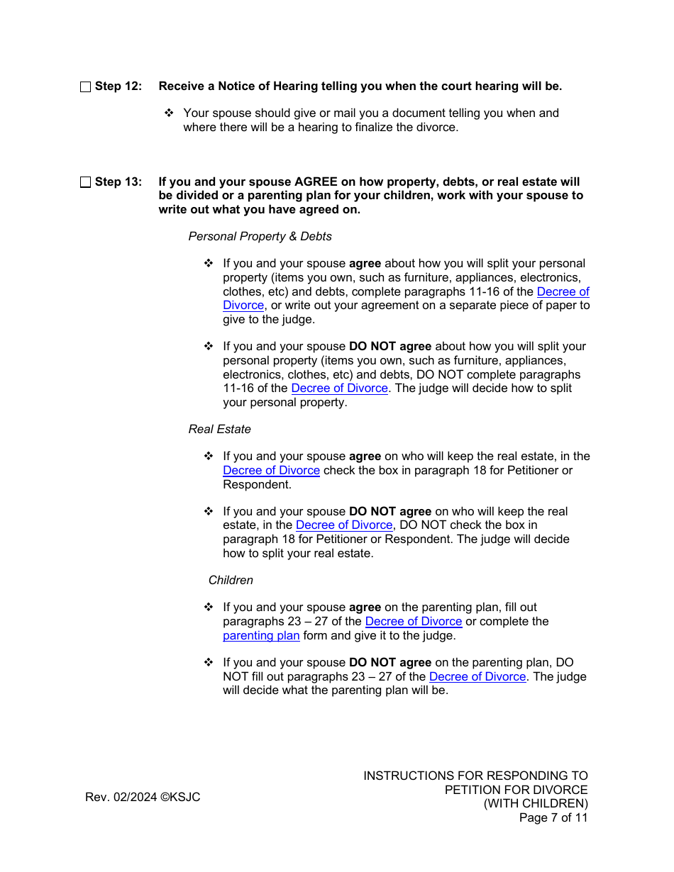 Instructions for Responding to a Petition for Divorce - With Children - Kansas, Page 7