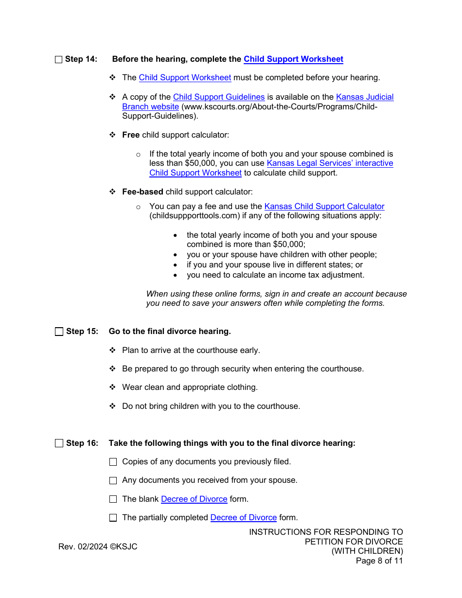 Instructions for Responding to a Petition for Divorce - With Children - Kansas, Page 8