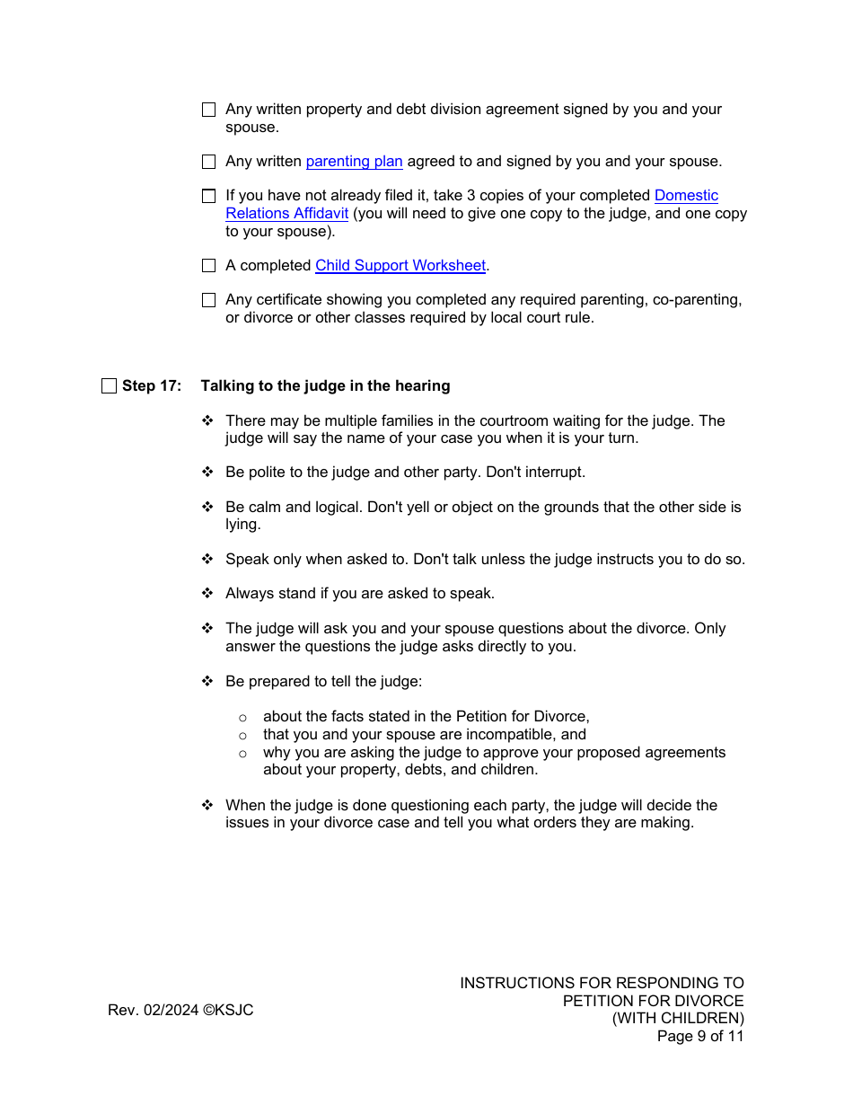 Instructions for Responding to a Petition for Divorce - With Children - Kansas, Page 9