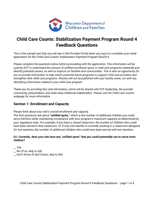 Child Care Counts: Stabilization Payment Program Round 4 Feedback Questions - Wisconsin Download Pdf