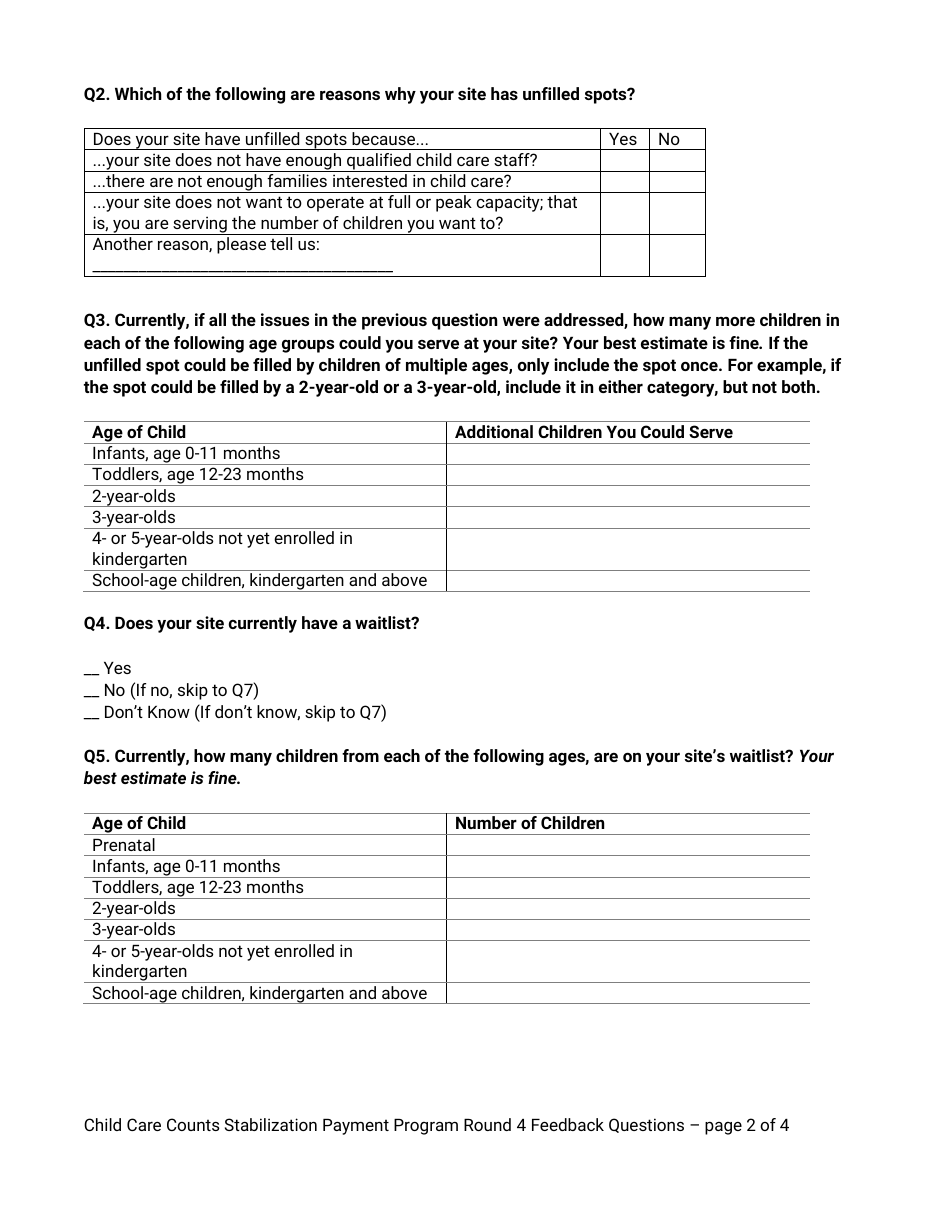 Child Care Counts: Stabilization Payment Program Round 4 Feedback Questions - Wisconsin, Page 2