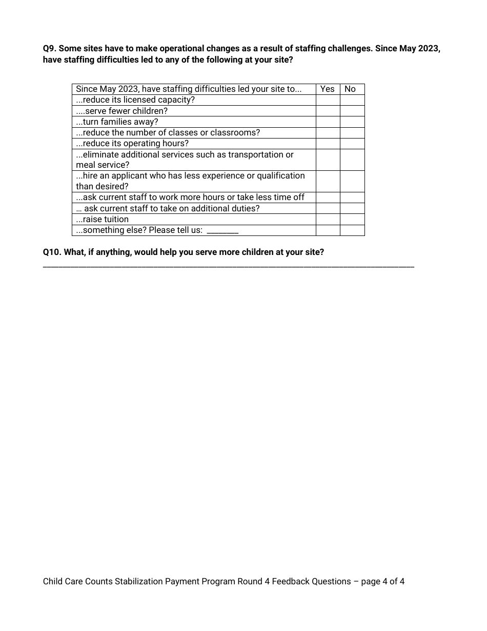 Child Care Counts: Stabilization Payment Program Round 4 Feedback Questions - Wisconsin, Page 4