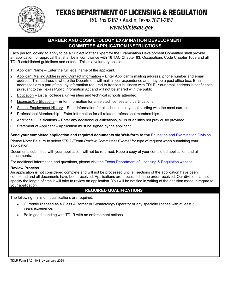 TDLR Form BAC140N Barber and Cosmetology Examination Development Committee Application - Texas, Page 1