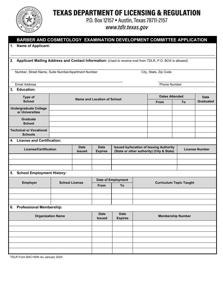 TDLR Form BAC140N - Fill Out, Sign Online and Download Fillable PDF ...