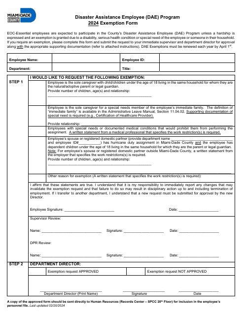 Exemption Form - Disaster Assistance Employee (Dae) Program - Miami-Dade County, Florida Download Pdf