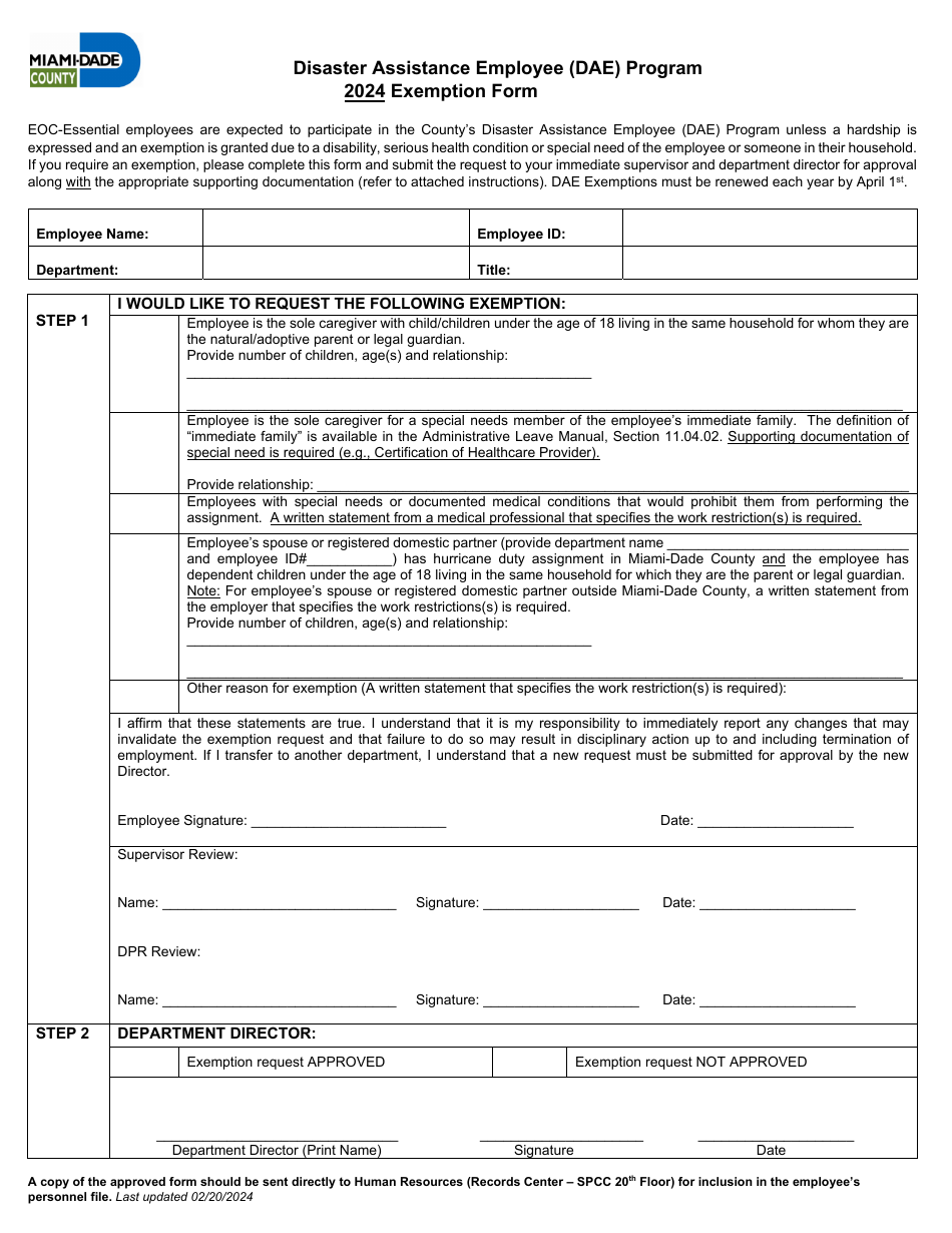 Exemption Form - Disaster Assistance Employee (Dae) Program - Miami-Dade County, Florida, Page 1