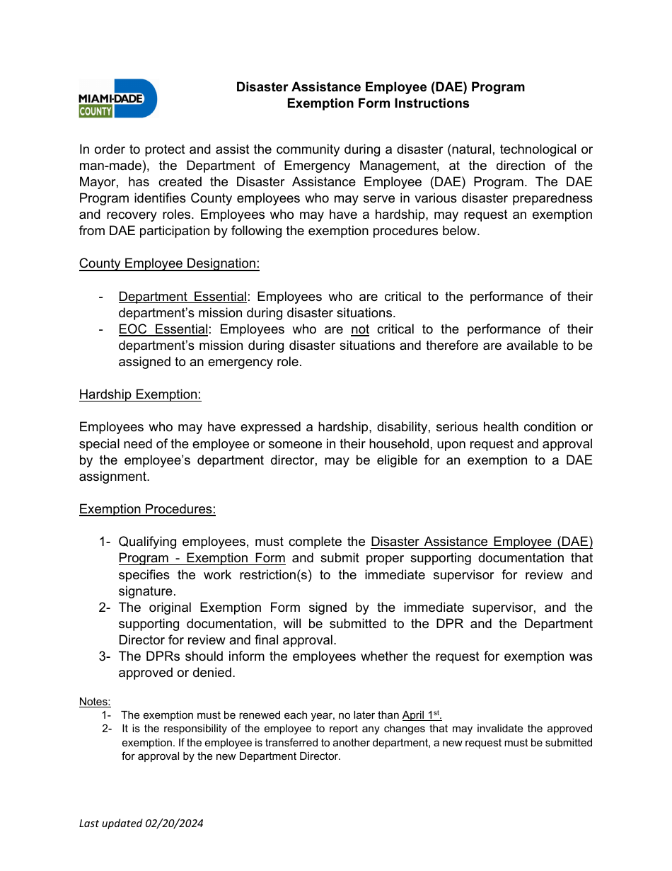 Exemption Form - Disaster Assistance Employee (Dae) Program - Miami-Dade County, Florida, Page 2