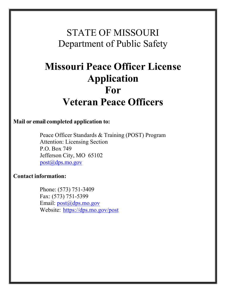 Missouri Peace Officer License Application for Veteran Peace Officers - Missouri, Page 1