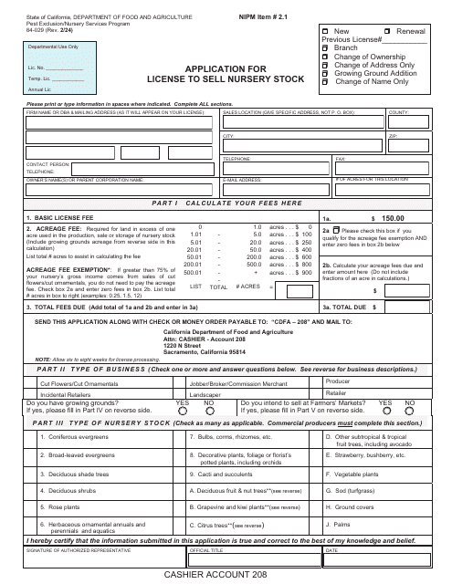 Form 64-029 Application for License to Sell Nursery Stock - California