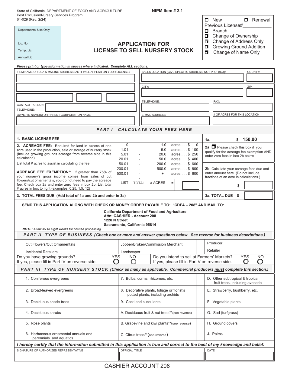 Form 64-029 Application for License to Sell Nursery Stock - California, Page 1