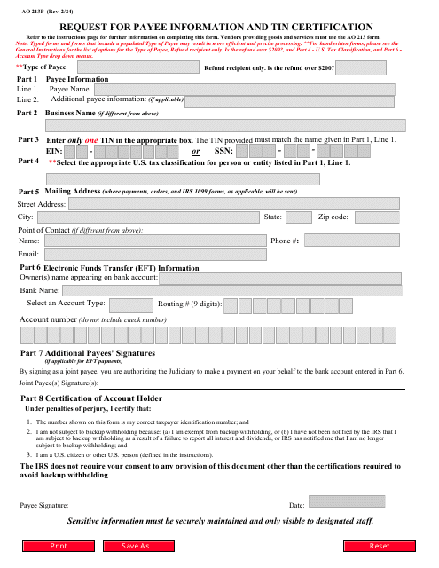 Form AO213P Request for Payee Information and Tin Certification